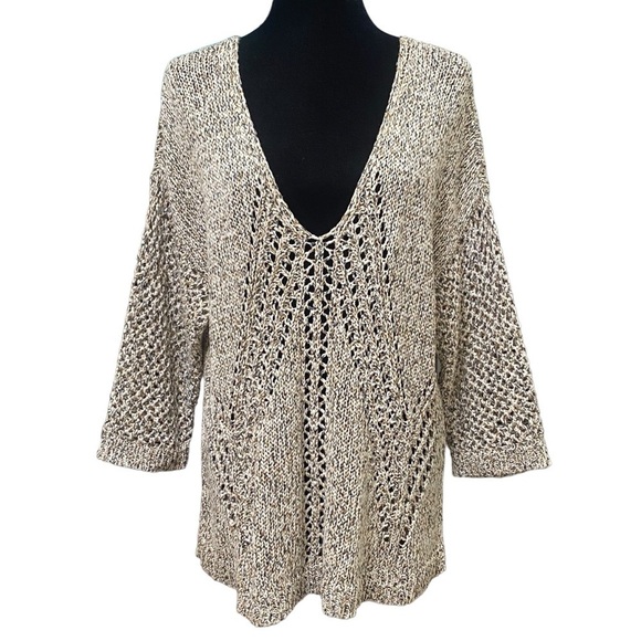 J Jill Open Knit V-Neck Sweater Petite Large Tan Black Boho Lagenlook Slouchy - Picture 1 of 7